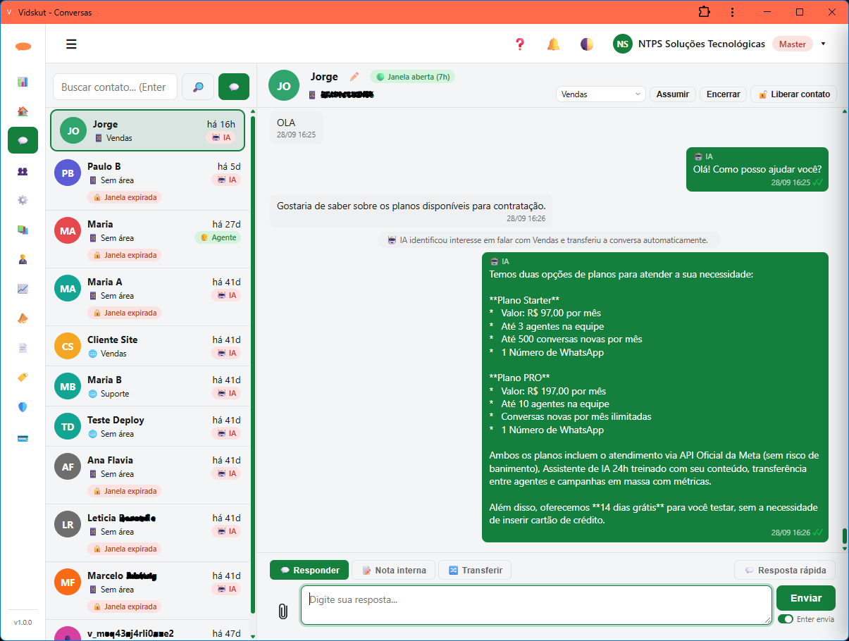 Tela do painel de atendimento da Vidskut, mostrando as conversas do WhatsApp organizadas por contato